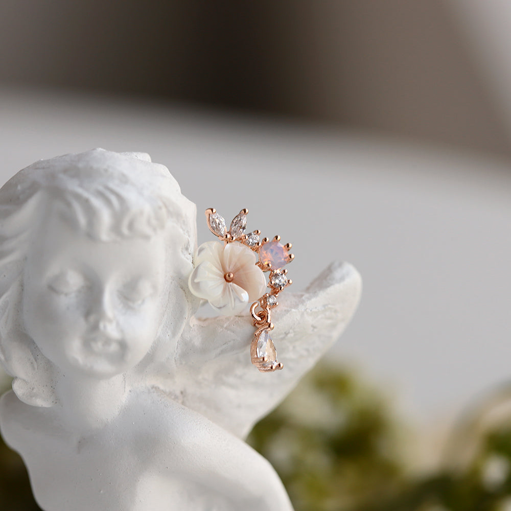 Mother of Pearl Flower Cubic Drop Earrings - Rose gold