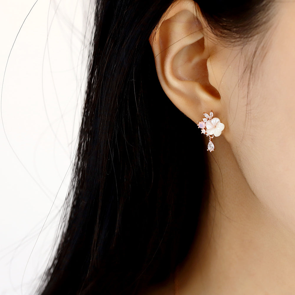 Mother of Pearl Flower Cubic Drop Earrings - Rose gold