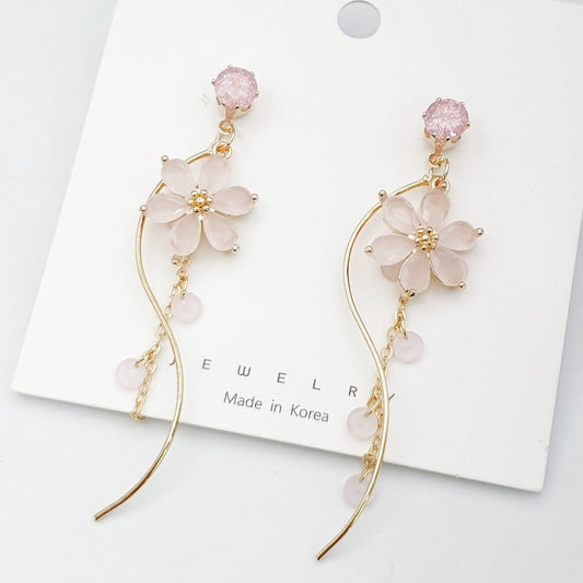 Dainty Flower Pink Cubic Drop Earrings