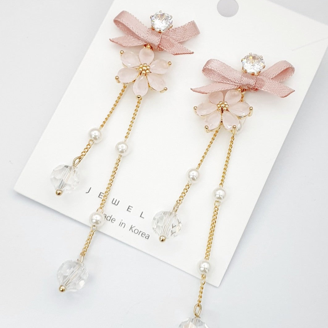 Dramatic Long Pink Ribbon Earrings