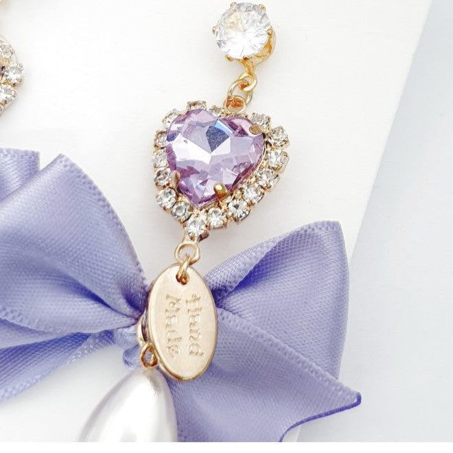 Purple Ribbon Heart Sparklers Earrings