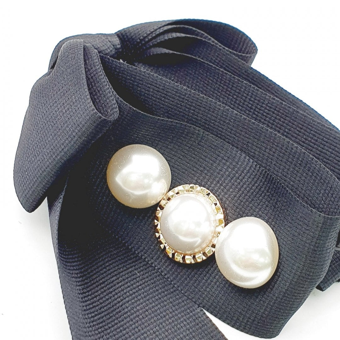 Pearl Ribbon Banana Hair Clip - black
