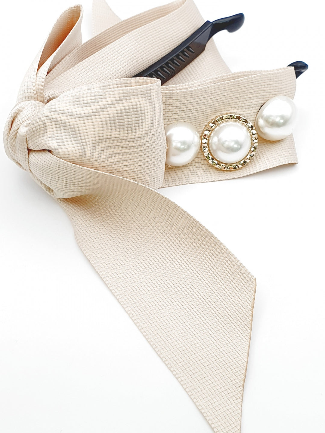 Pearl Ribbon Banana Hair Clip - light beige