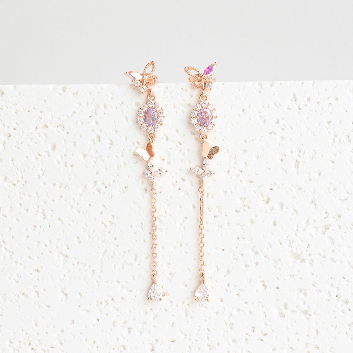 Butterfly Chain Drop Earrings - rose gold