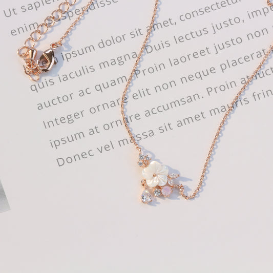 Mother of Pearl Flower Cubic Drop Necklace - Rose gold