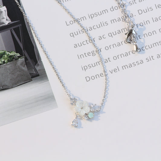 Mother of Pearl Flower Cubic Drop Necklace - Silver