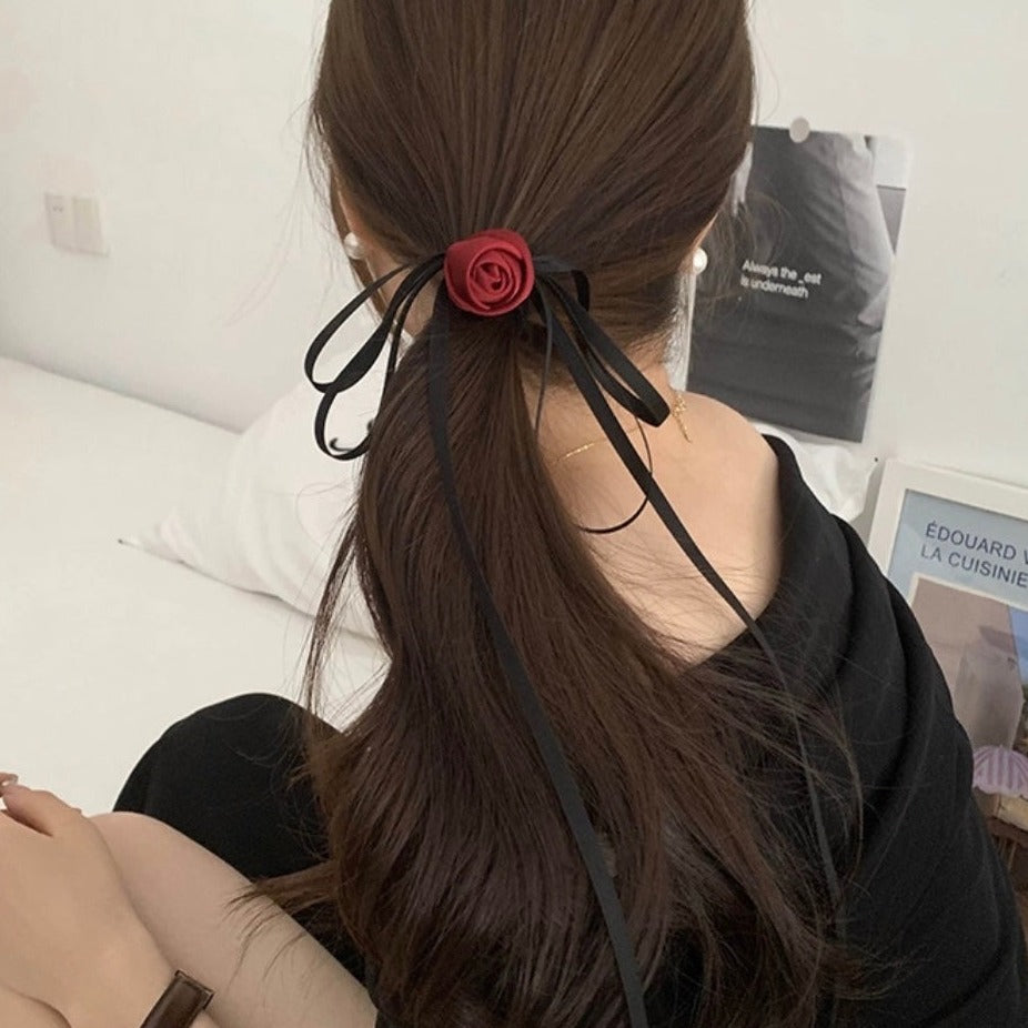 Red Rose Ribbon Hair Tie
