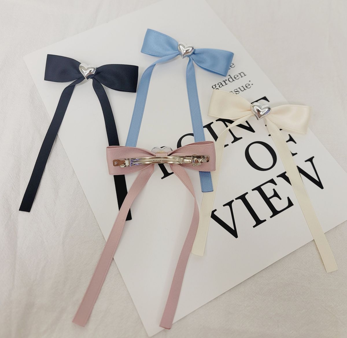 Silver Heart Ribbon Hair Clip