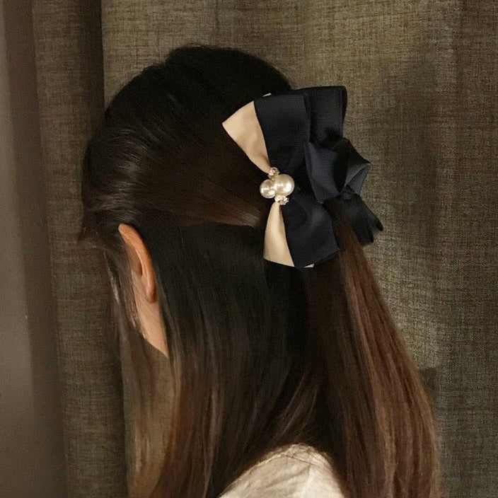 Two-tone Ribbon Pearl Hair Claw