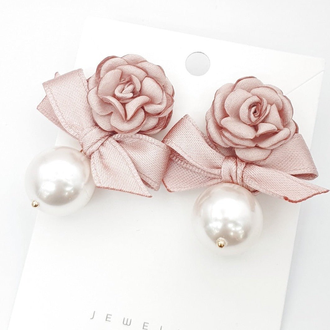 Camellia Pink Ribbon Pearl Earrings - Dreamie - Earrings