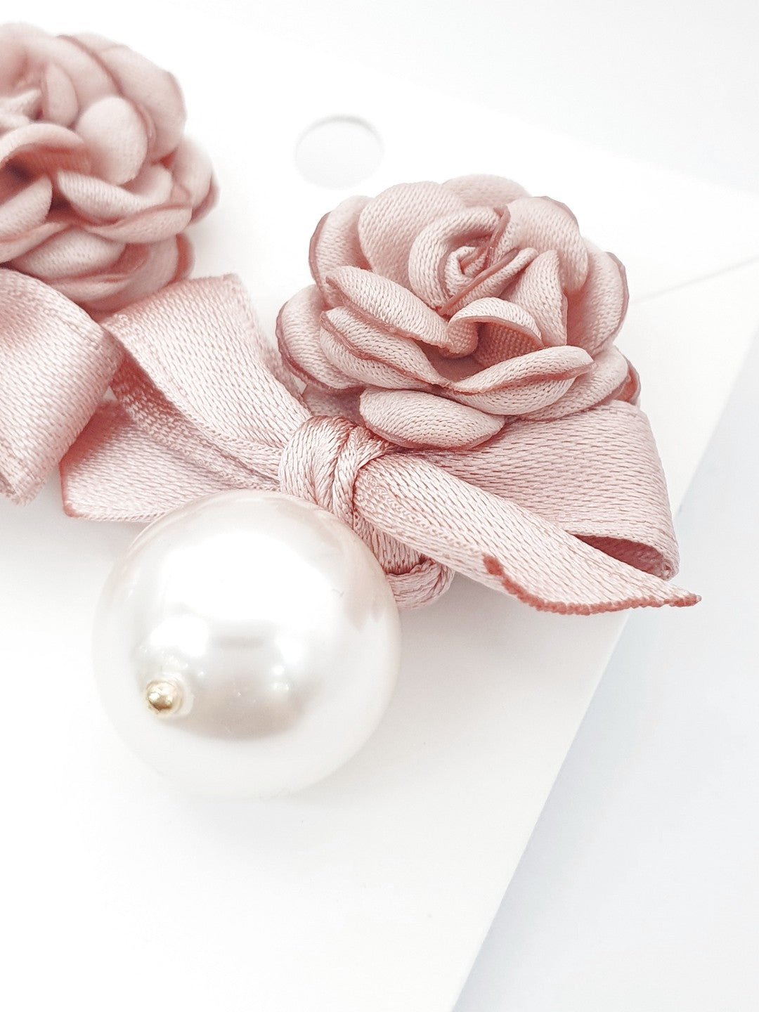 Camellia Pink Ribbon Pearl Earrings - Dreamie - Earrings