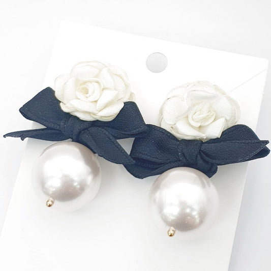 Camellia Black Ribbon Pearl Earrings