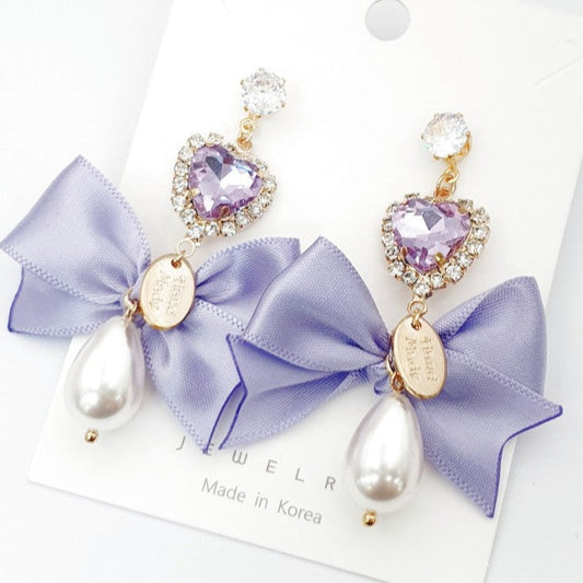 Purple Ribbon Heart Sparklers Earrings