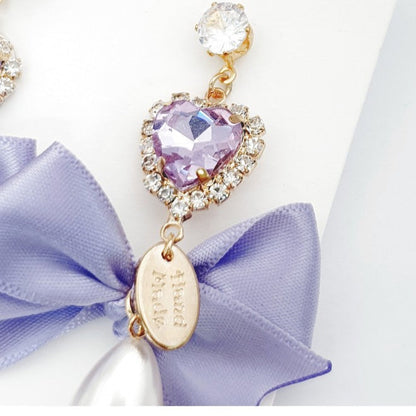 Purple Ribbon Heart Sparklers Earrings