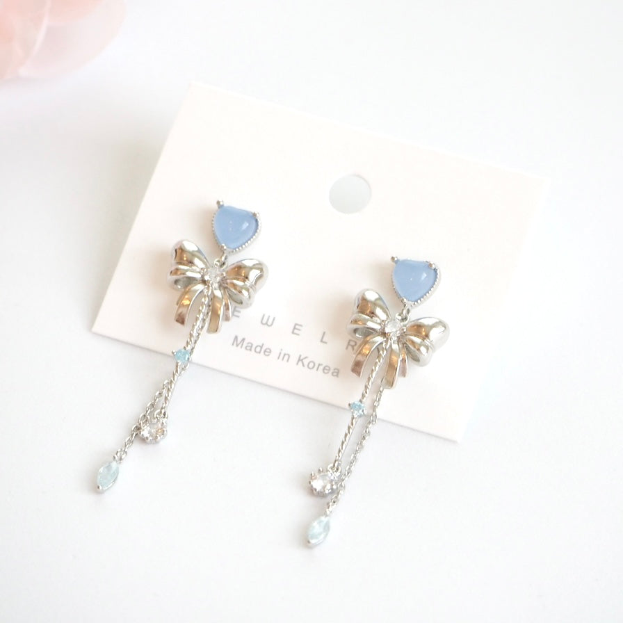 Sweetheart Bow Dangle Earrings - Blue