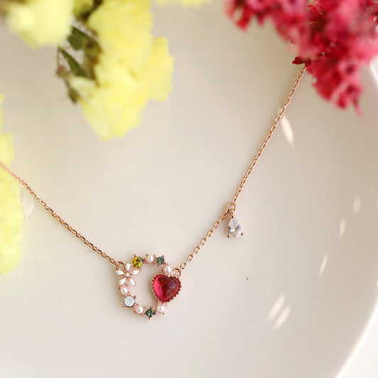Floral Heartstrings Rose Gold Necklace - Red Cubic