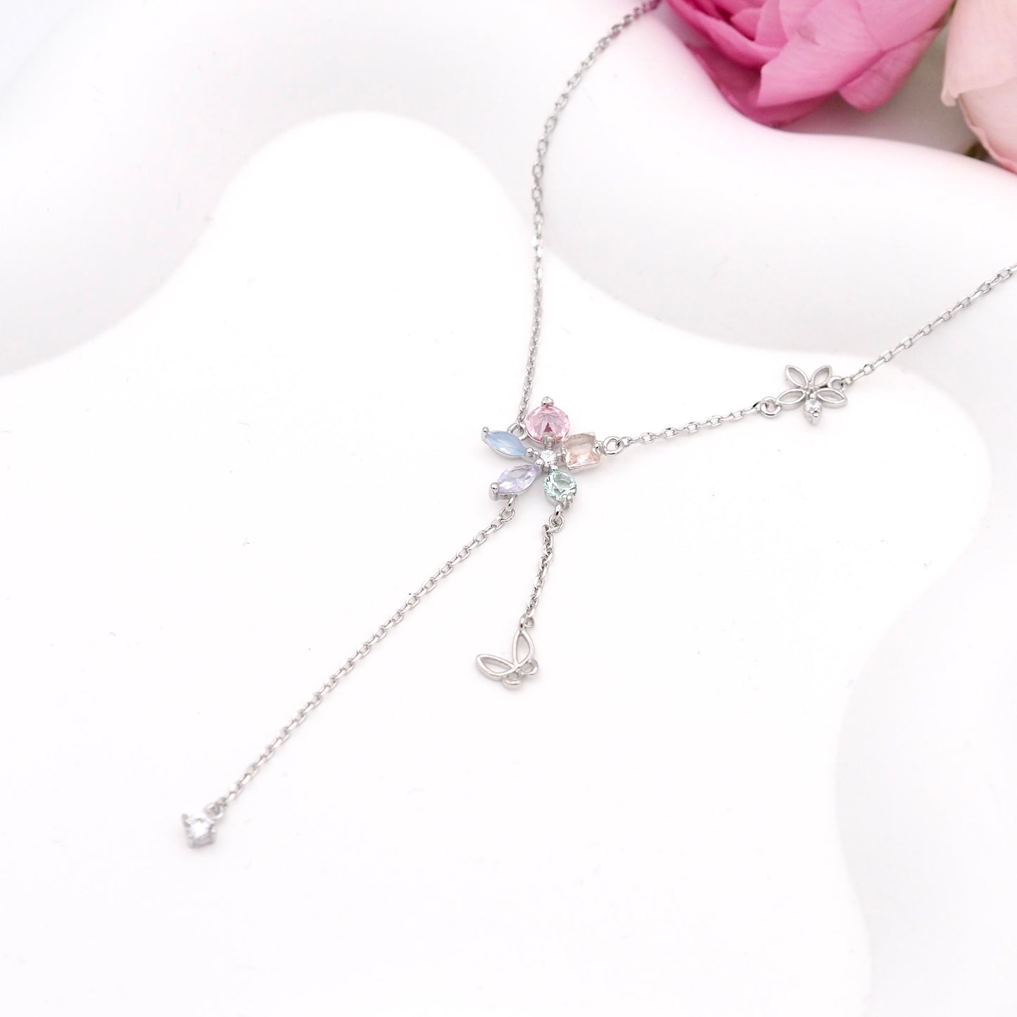 Petal Butterfly Drop Necklace - Silver