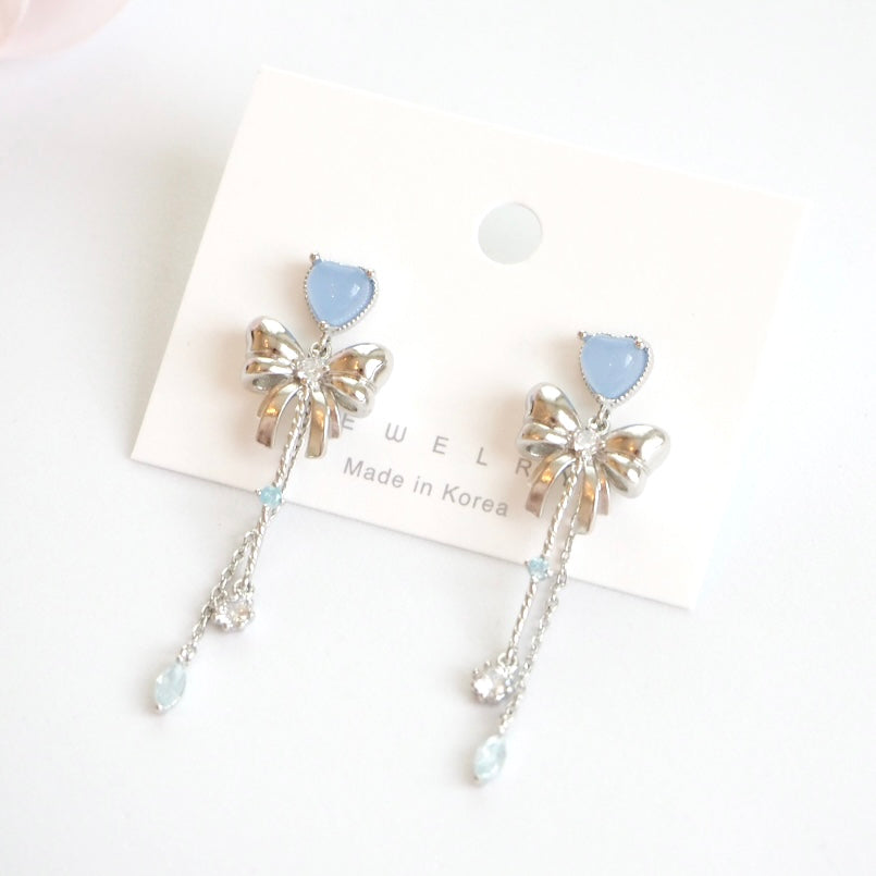 Sweetheart Bow Dangle Earrings - Blue