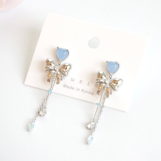 Sweetheart Bow Dangle Earrings - Blue