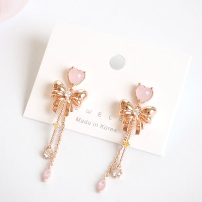 Sweetheart Bow Dangle Earrings - Rose