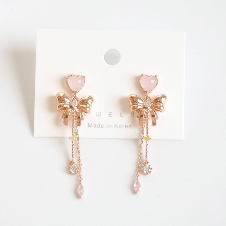 Sweetheart Bow Dangle Earrings - Rose