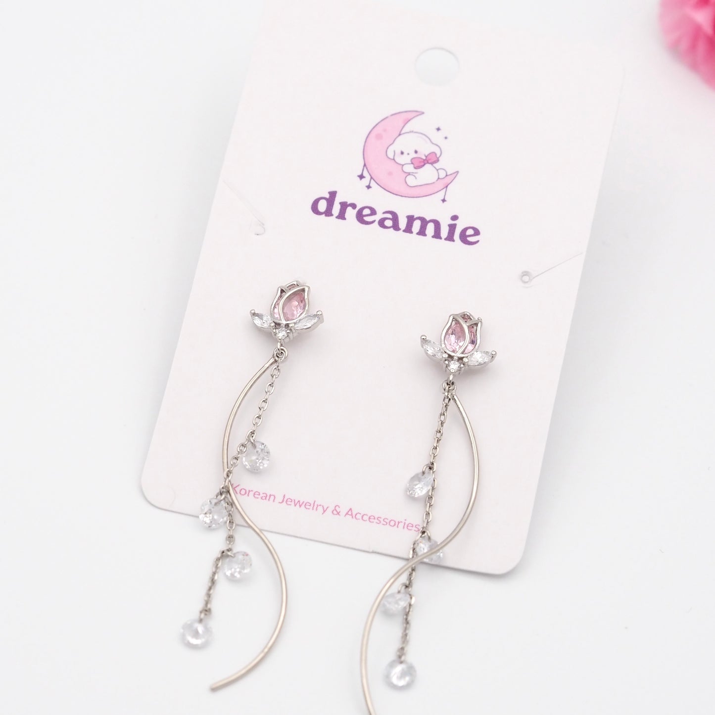Rosy Tulip Charmed Drops Earrings - Silver