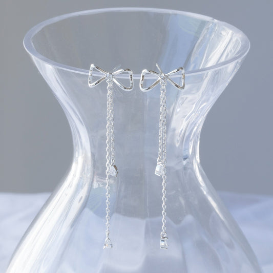 925 Silver Ribbon and Cubic Drop Earrings