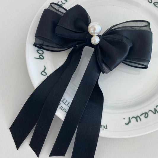 Black Pearl Ribbon Hair Clip - Dreamie - hair pin