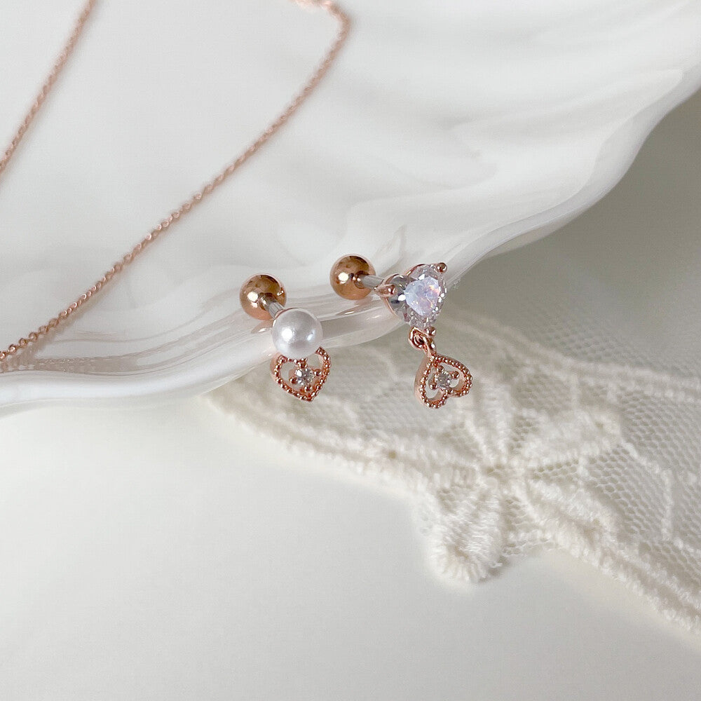 Mini Heart Pearl Piercing Set - Rose Gold