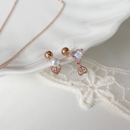 Mini Heart Pearl Piercing Set - Rose Gold