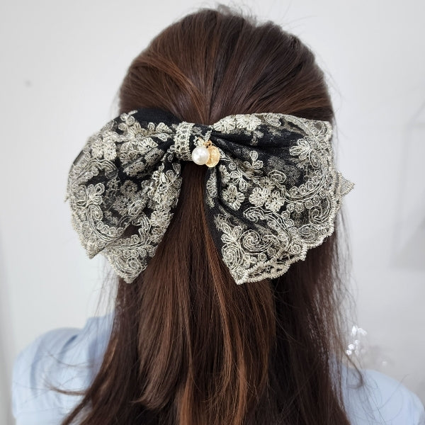 Sparkly Lace Ribbon Hair Clip - Black